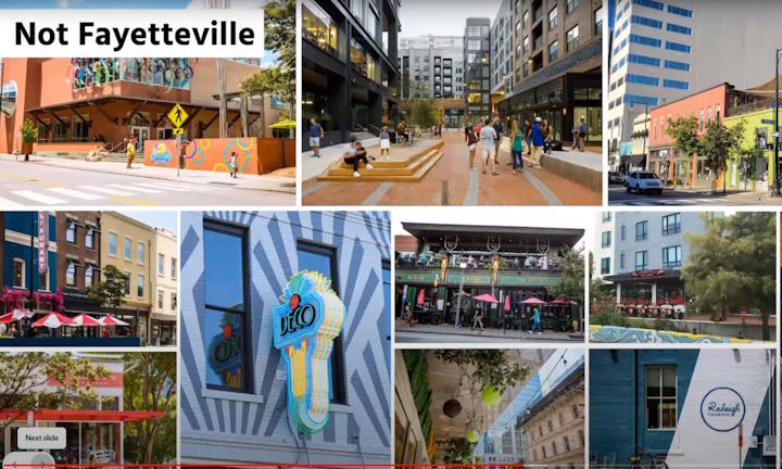 Screenshot from the virtual meeting recording showing photos of areas near Fayetteville Street