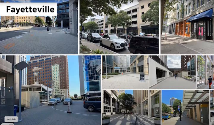 Screenshot from the virtual meeting recording showing photos of Fayetteville Street