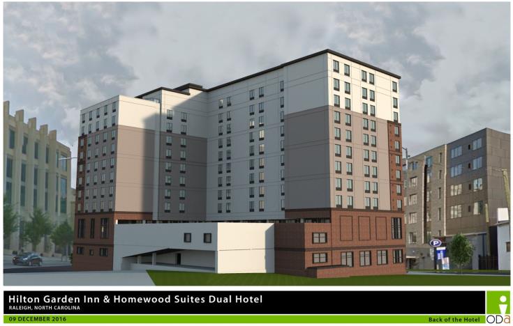 Rendering of Dual Brand Hilton Garden, back of the building