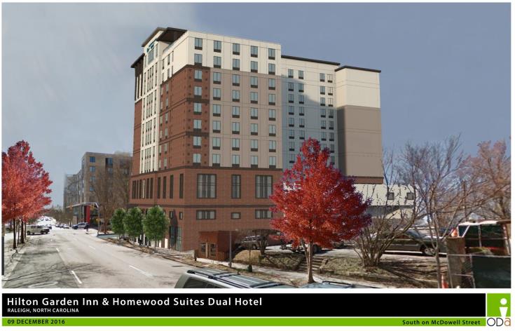 Rendering of Dual Brand Hilton Garden, view from McDowell Street