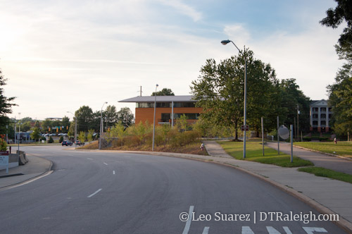 View of the AIA NC building and William Peace University main building from Wilmington Street.