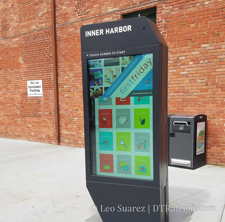 An IKE wayfinding kiosk on display in front of Union Station.