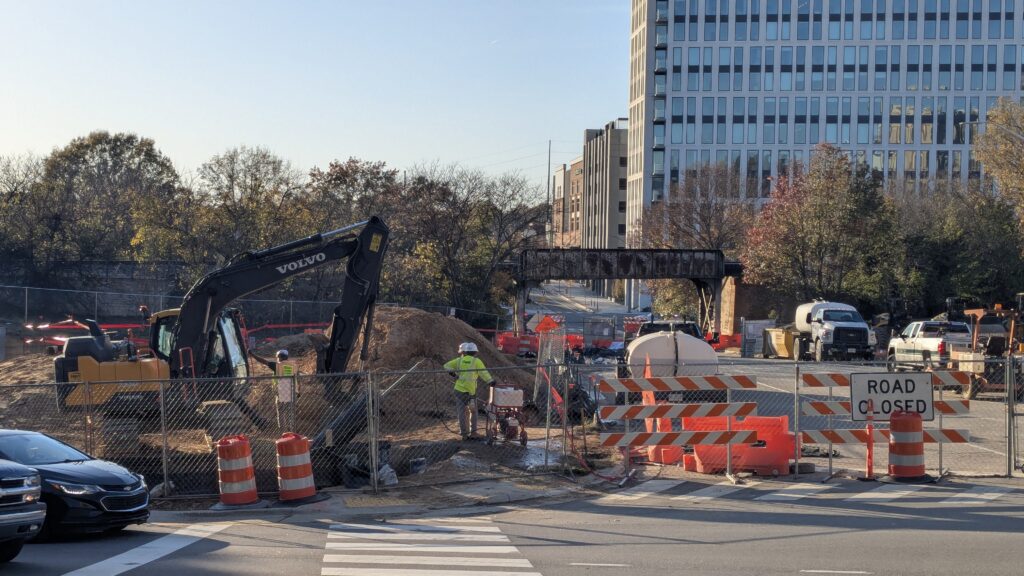Photo of Red Hat Amphitheater construction.