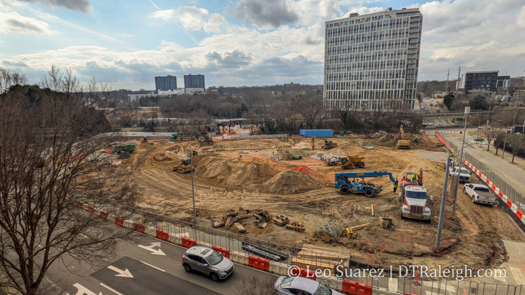 Photo of Red Hat Amphitheater construction, February 2026