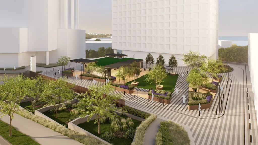 Rendering of the public plaza above the parking deck in City Gateway.