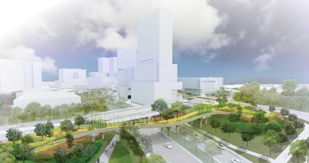 Rendering of The Oakline elevated walkway, 2026.