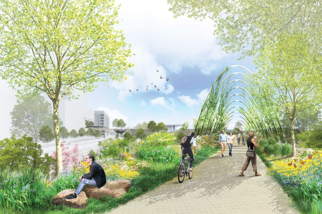 Rendering of The Oakline elevated walkway, 2026.