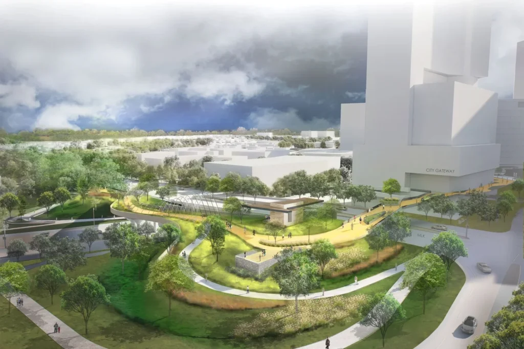 Rendering of The Oakline elevated walkway, 2026.