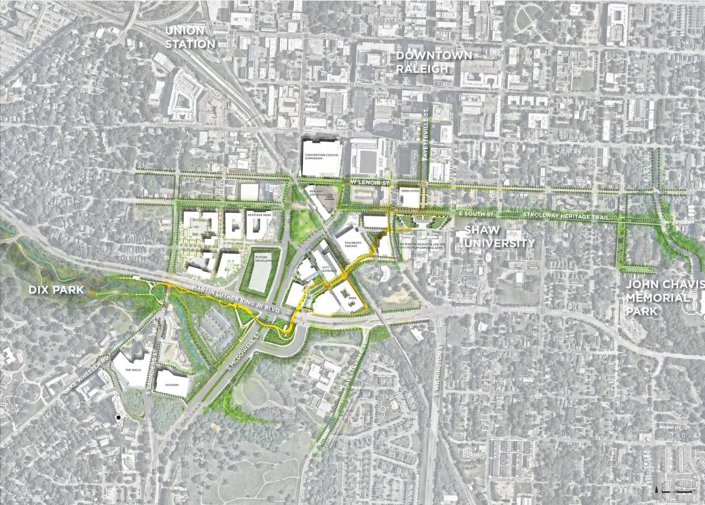 Map rendering of the Oakline and nearby Strollways planned for downtown Raleigh, 2026.
